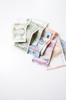 A diverse collection of international banknotes arranged on a white surface, showcasing global currencies.