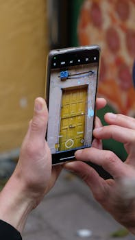 Hands capturing a vibrant yellow door on a smartphone in Roses, Spain