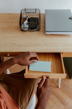 Person's hands organizing a desk drawer with stationery, showcasing a tidy workspace.
